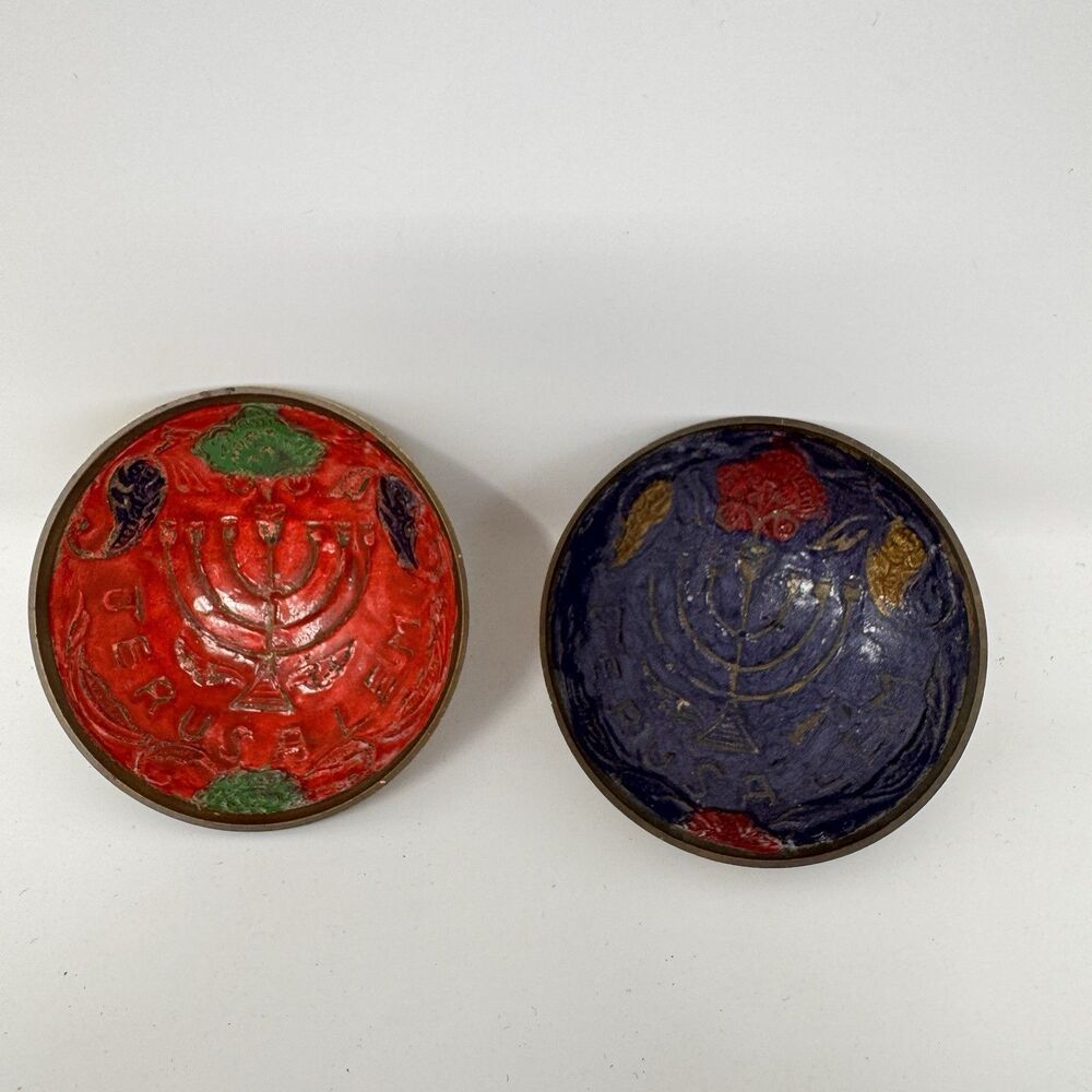 Jerusalem Israel Brass Bowl Handmade Holy Land Menorah Set of 2 Red Blue Jewish